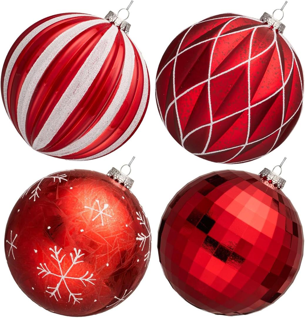 JORNOY Christmas Balls Ornaments Set, 6 inch/150mm Extra Large Shatterproof Plastic Hanging Bulbs for Xmas Tree Decorations Holiday Party with String, 4 Pack-Red&White