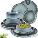 GBHOME Ceramic Dinnerware Sets for 4, 12 Pieces Stoneware Plates and Bowls Sets, Reactive Glaze Dishes -Scratch Resistant, Dishwasher&Microwave Safe (Cyaneus)