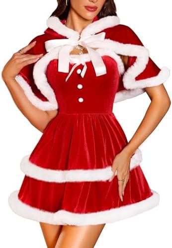 RSLOVE Christmas Outfits for Women - Sexy Christmas Dress with Cape 2Pcs Velvet Santa Costume Xmas Babydoll Furry Medium