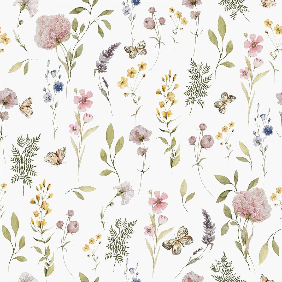 VEELIKE Watercolor Wildflowers Floral Wallpaper Peel and Stick Vintage Botanical Removable Wallpaper for Bedroom Nursery 17.7''x118'' Floral Art Deco Mural Adhesive Contact Paper for Walls Cabinets