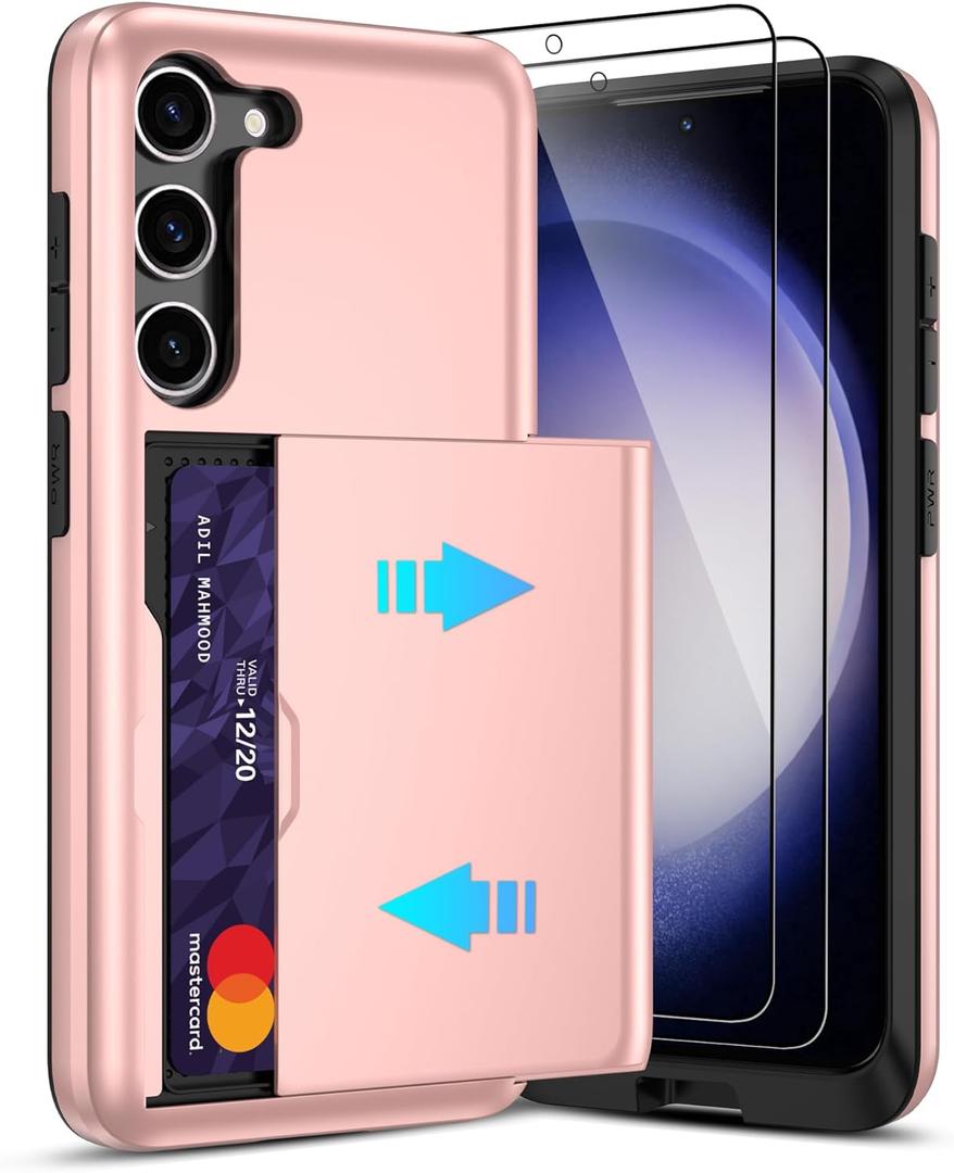 Pilaru for Samsung Galaxy S23 Plus Case with Card Holder and (2 Pcs) HD Screen Protector, Slim Heavy Duty Dual Layer Shockproof Design & Hidden Card Slot Wallet Case for Galaxy S23 Plus-Rose Gold