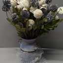 16.5''H Fake Flowers in Vase for Centerpiece Table Decorations with 10Pcs Fake Mums Flowers Eucalyptus Stems Faux Pompon Kiku Flowers Arrangement for Home Farmhouse Decor (Blue and White)