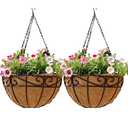 EIMQUVW Outdoor Metal Hanging Planters Basket (2pack, 14 inch) Hanging Baskets for Plants Chain Round Wire Plant Holder with Coco Fiber Liners for Garden, Patio, Deck, Porch(Flower Border)