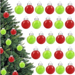 24 Pcs Christmas Balls Ornament 2.5 Inch Hanging Red Green Christmas Feather Balls for Xmas Tree Decorations Home Indoor Outdoor Holiday Party Decor