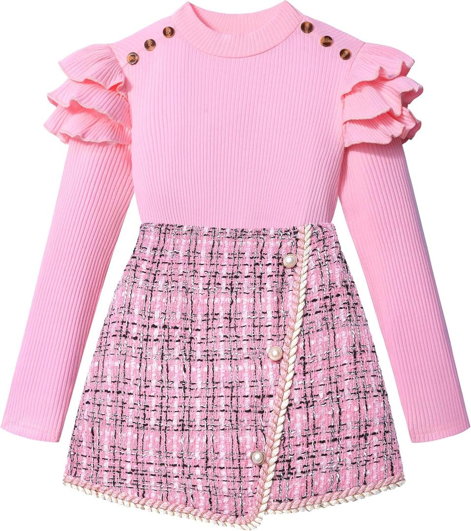 Girls Clothes Skirt Set Fall Winter Long Sleeve Ruffle Top And Plaid Skirt Girls Clothing Set 2 Piece Outfit (Pink)