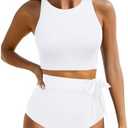 Aqua Eve Women High Waisted Bikini Set Racerback Swimsuit Two Piece Bathing Suit High Neck Swimwear, Size Medium
