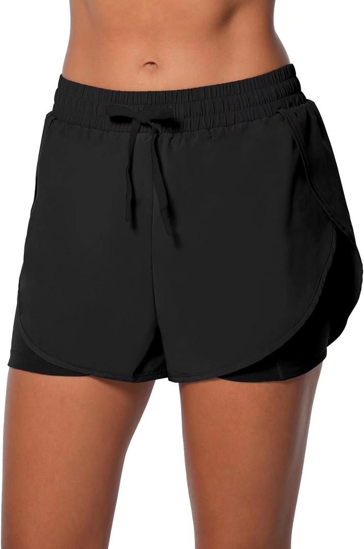 Sunzel 2 in 1 High Waist Running Shorts for Women Quick Dry Elastic Athletic Shorts with Pocket and Drawstring Workout Summer (Black, XL)