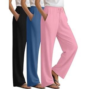 Sweetyweee 3 Pack Women's Lounge Pants Cozy Wide Leg Yoga Pants Casual Drawstring Loose Baggy Sweatpants with Pockets(Black, Denim Blue, Light Pink, Medium)