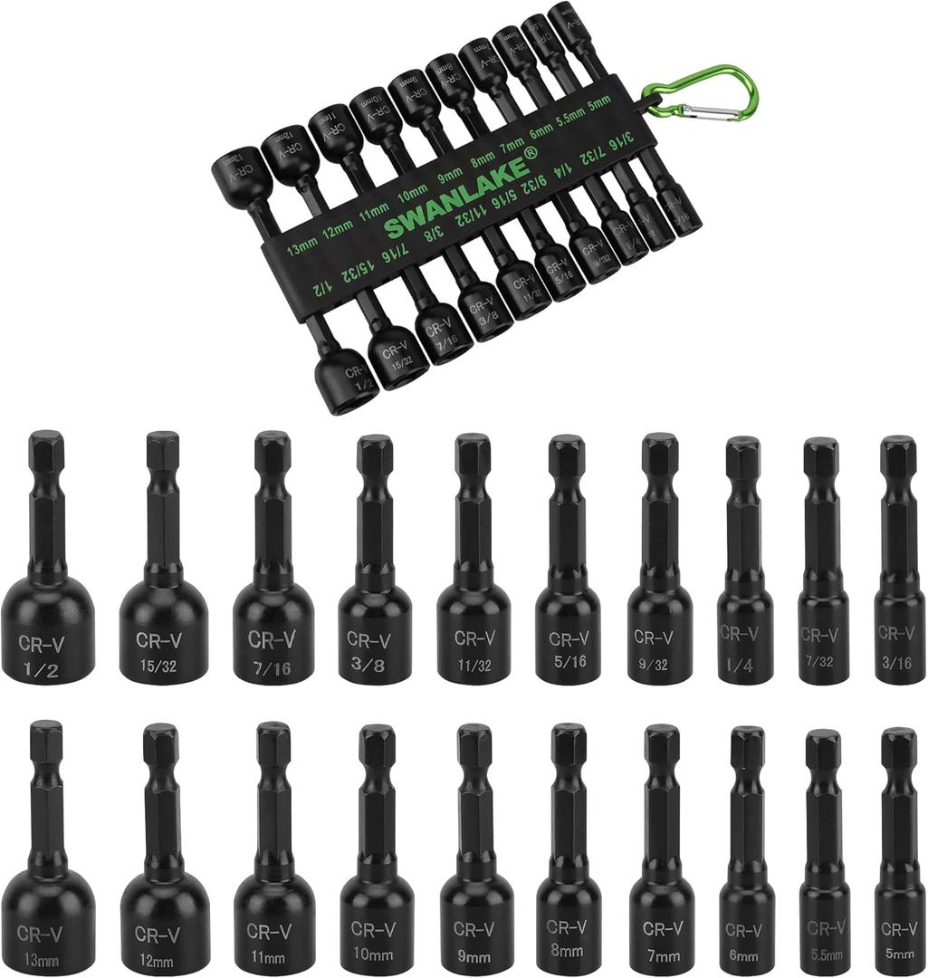 20-Piece Magnetic Nut Driver Set, Metric & SAE 1/4" Hex Shank, Drill Socket Set, Impact Driver Bit Set, Magnetic Bit Holder with Aluminum Alloy Snap Clip, Quick Change Tool