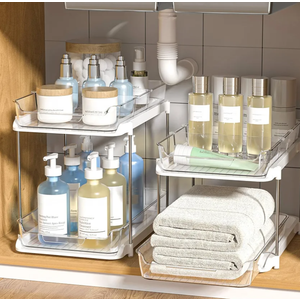 Delamu 2 Sets of 2-Tier Multi-Purpose Bathroom Under Sink Organizers and Storage, Stackable Kitchen Pantry Organization, Pull Out Medicine Cabinet Organizer with 8 Movable Dividers, White