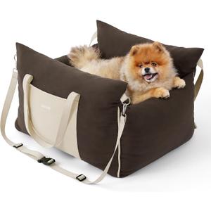 Lesure Small Dog Car Seat for Small Dogs - Soft Dog Booster Seat for Car with Storage Pocket and Clip-On Safety Leash and Thickened Memory Foam Filling, Pet Travel Carrier Bed Brown