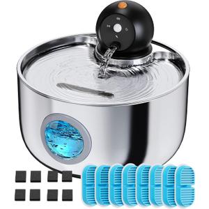 Cordless Cat Water Fountain Wireless: Battery Powered Pet Water Fountains for Cats Indoor with 8 Filters & 8 Sponges - 2.6L Rechargeable Kitty Water Fountain Stainless Steel with Water Level Window