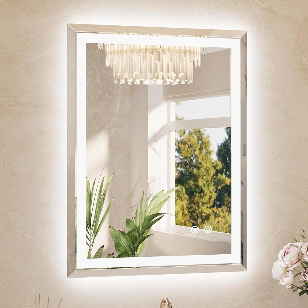TETOTE Led Bathroom Mirror with Lights 24 x 32 Inch, Beveled Lighted Vanity Front and Backlit Anti-Fog Mirror Wall Mounted for Modern Bathroom, 3-Color Extra-Bright Lights, Tempered Glass