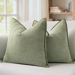 MIULEE Pack of 2 Sage Green Decorative Pillow Covers 18x18 Inch Soft Chenille Luxurious Couch Throw Pillows Farmhouse Cushion Covers with Elegant Design for Sofa Bedroom Living Room Spring Home Decor