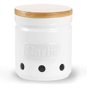 Large Garlic Keeper with Wooden Lid, Ceramic Garlic Holder Storage, Garlic Container for Kitchen, Garlic Saver to Keep Your Garlic Cloves Fresh Longer 4.5-Inch, White