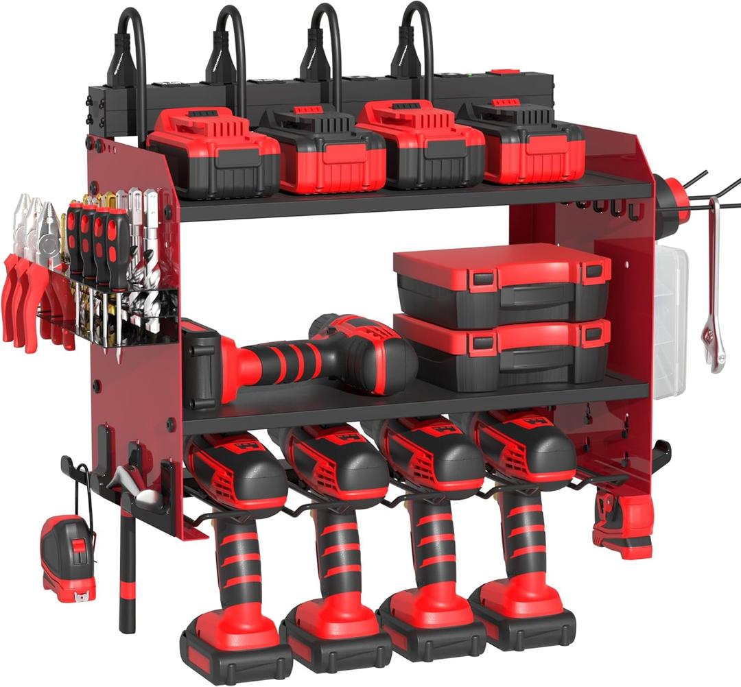 Power Tool Organizer Wall Mount with Charging Station, Garage Storage Rack for Cordless Drill, Tool Battery, Bit and Screwdriver, Utility Shelf with Power Strip and Hooks (3 Layer)