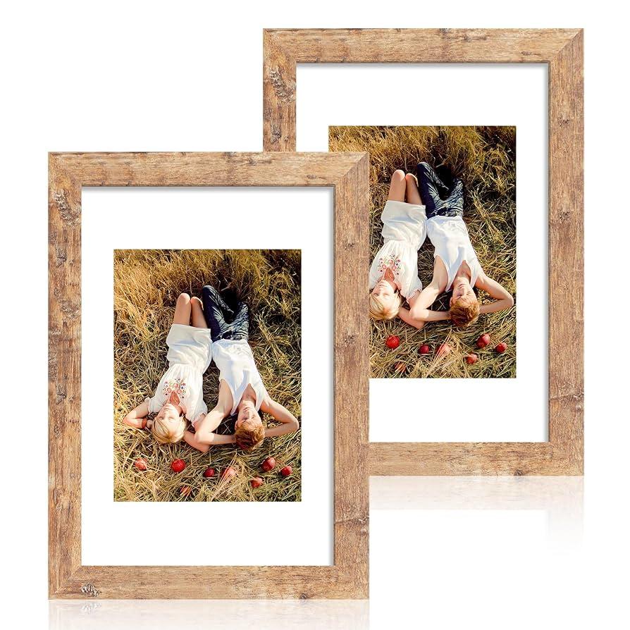 8x12 Picture Frame Set of 2, Rustic Brown Wood Frame with High Definition Glass, Display Pictures 6x8 with Mat or 8 x 12 without Mat for Horizontal or Vertical Tabletop and Wall Mounting