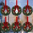 Libima 6 Pcs Mini Christmas Wreath 12 Inch Pre Lit Lighted Christmas Wreath Hanging LED Outdoor Window Wreaths for Christmas with Buffalo Check Bowknot Pine Cone Red Berries Ribbon for Door Holiday
