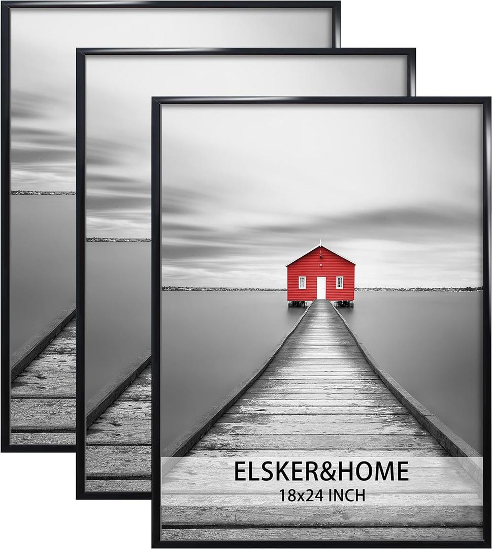 ELSKER&HOME 18x24 Poster Frame 3 Pack, Black Picture Frame for Horizontal or Vertical Wall Mounting, Sturdy and Scratch-proof