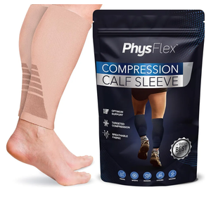 Calf Compression Sleeves for Men and Women - (1 Pair) Footless Compression Socks Support for Varicose Vein, Nursing, Pregnancy, Running - PhysFlex Leg Sleeve Brace for Shin Splints, Pain Relief and Size L