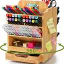 SOUJOY Bamboo Pen Holder Organizer, 360Rotating Art Supply Storage Caddy, Hold 400+ Pencils, 15 compartments Office Desk Stand Box with Handle for Marker Pens, Colored Pencil, Art Brushes