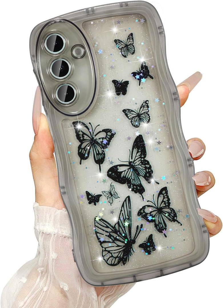 UEEBAI Wave Butterfly Case for Samsung Galaxy A16 4G/5G Case, Pretty Bling Star Butterfly for Women Cute Shiny Glitter Phone Cover for Girls Bling Clear Cover Curly Shockproof Girly Shell - Black