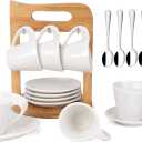 Espresso Coffee Cup Set of 6, Ceramic Coffee Tea Cup Set 2.5oz with Holder and Saucer Service, Turkish Coffee Cup for Home Office Tea Coffee, White