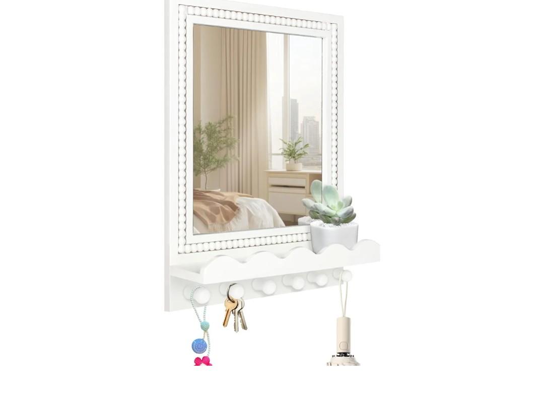 Tirzah 16x12 Inch Wall Mount Beaded Wood Framed Mirror with Shelf and 6 Hooks, White Decorative Entryway Mirror with Storage for Laundry Room, Bathroom, Bedroom