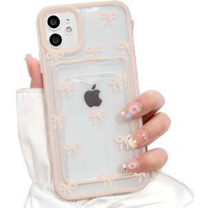 NITITOP Compatible with iPhone 11 Case with Card Holder Clear Cute Bow Ribbon for Women Girls Colorful Frame Soft TPU Wallet Shockproof Protective Cover - Light Pink