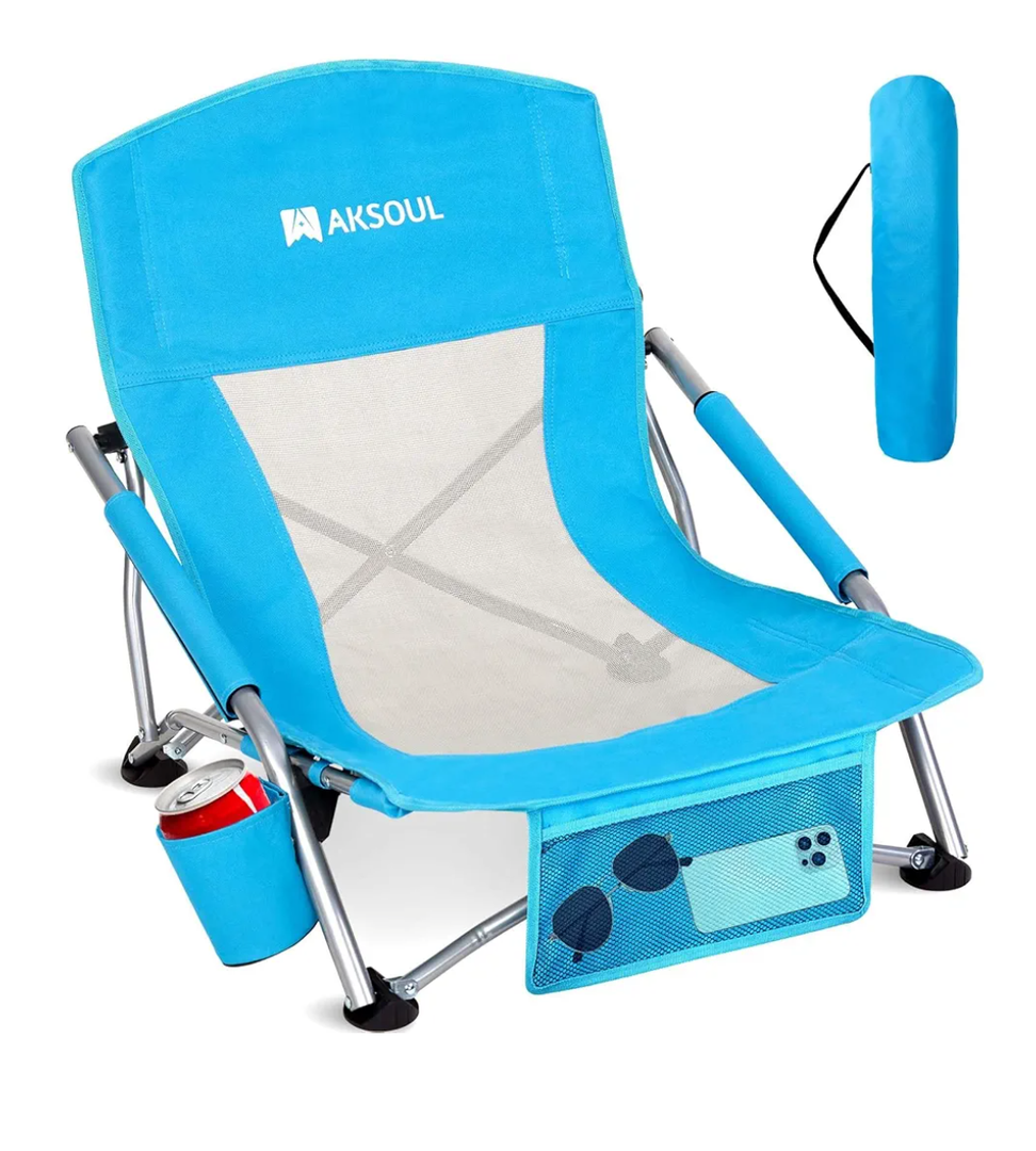 AKSOUL Folding Beach Chair for Adults: Low/High Back Chairs with Carry Bag - Extra Wide Seat Chair with Comfortable Pillow & Storage Pocket (1 Pack & 2 Pack, Blue)