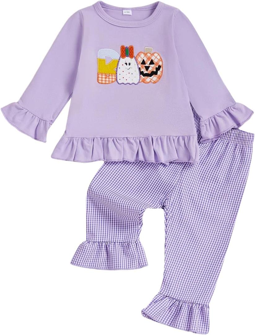Toddler Girl Halloween Outfit Boo Embroidery Long Sleeve Ruffle Shirt Top Plaid Pants Set 2 Piece Fall Clothes (12-18 Months, Purple)
