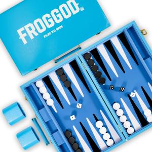 Froggod Travel Backgammon Sets for Adults  15 Inch Premium Backgammon Set  PU Leather Case with Seamless Flocked Game Surface  Classic Board Games for 2 Player and Gift for Men(Light Blue)