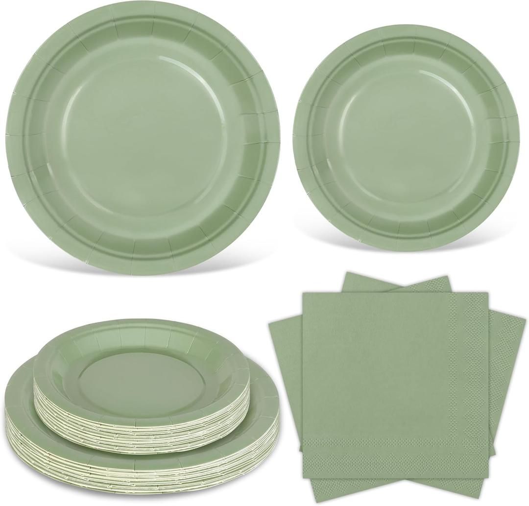 Ruisita 48 Pieces Sage Green Party Supplies Solid Sage Green Tableware Including 7 Inch and 9 Inch Paper Dinner Plates 2 Ply Napkins for Wedding, Birthday Party, Picnic, Barbecue (Serves 16)