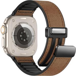 Magnetic Leather Bands Compatible with Apple Watch 49mm 46mm 45mm 44mm 42mm(S3/2/1) for Men Women, Genuine Leather with Magnetic Buckle for iWatch Ultra1/2/3 Series SE11/10/9/8/7/6/5/4/3/2/1 (A9 Retro Dark Brown)