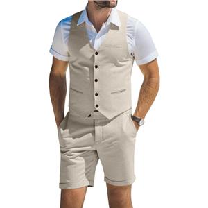 Men's Suit Linen 2 Piece Vests Short Pants Suits for Men Casual Summer Beach Groomsmen Wedding Waistcoat Set Outfit (XX-Large, Beige)