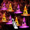 Battery Operated Halloween Lights Witch Hat Decoration,8 Pack Orange and Purple Hanging Lighted Hats with 56 LED Warm White Lights with Remote, Floating Witch Hat Light for Indoor Outdoor Decoration