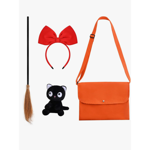 Kavoc 4 Pcs Witch Halloween Cosplay Costume for Women Red Bowknot Headband Orange Bag Wizard Flying Broom and Black Cat Doll Dress up Witch Anime Costume Accessories