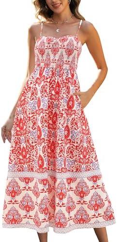 Gardenwed Women's Floral Print Maxi Dress, Spaghetti Strap Smocked Bodice A-Line Sundress with Pockets Size M