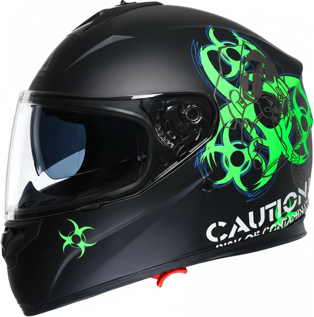 TRIANGLE Full Face Motorcycle Helmet Dual Visor Helmets for Adult Men and Women with Smoked Sunshield DOT Approved (Large, Matte Green)