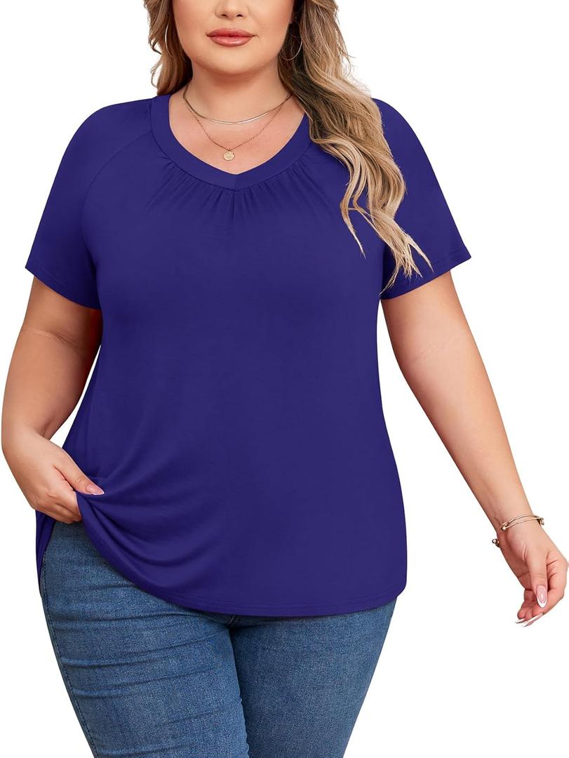 POSESHE Plus Size Tops Sexy Short SleeveTunic Top V Neck Cute Blouse Tunic Top (Royal Blue)