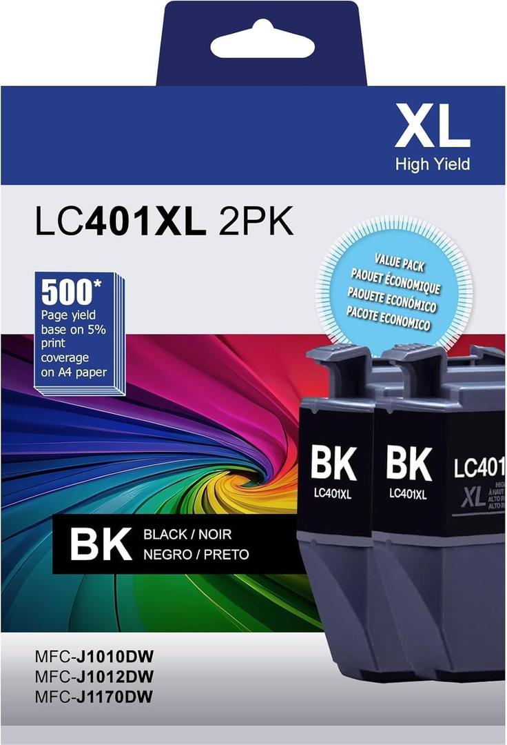 LC401XL Black Ink Cartridges, Compatible with MFC-J1010DW / J1012DW / J1170DW Printers, High Yield Replacement for Brother LC401XL LC401 Ink (2 Black, 2 Pack)