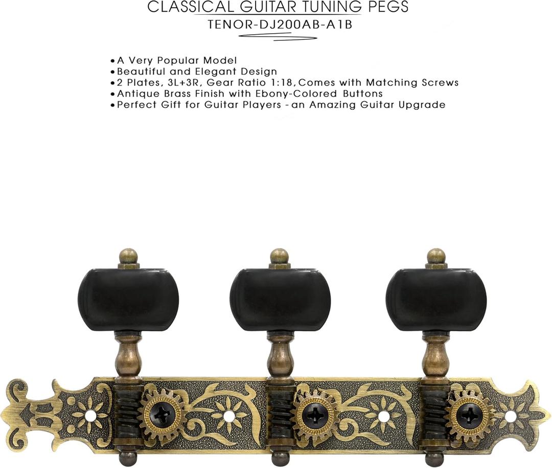 DJ200AB-A1B TENOR Classical Guitar Tuners Professional Tuning Key Pegs/Machine Heads for Classical or Flamenco Guitar with Antique Brass Finish and Ebony Colored Buttons.