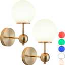 Retro Style Battery Operated Wall Sconces Set Of 2,Glass Lampshade Wall Lamp With Remote Control,Rechargeable LED Wall Light Fixtures Non Hardwire Design. (With Bulbs+remote Control+charging Cable)(Go (Gold)