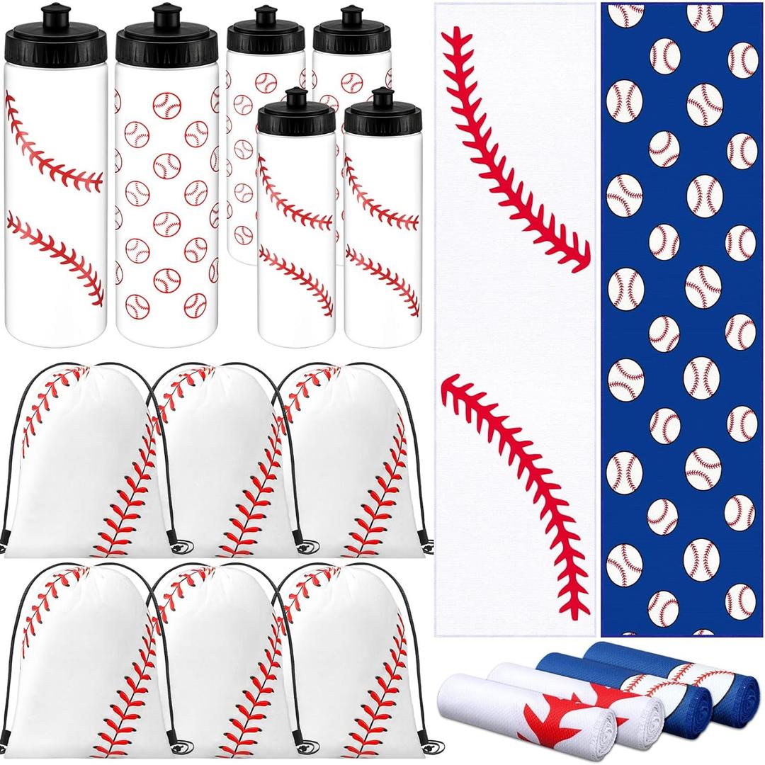 18 Pcs Sports Party Favors Basketball Soccer Water Bottle Baseball Softball Cooling Towel 6 Sports Water Bottle 6 Ice Towel 6 Drawstring Bag Football Volleyball Towel for Team Gift