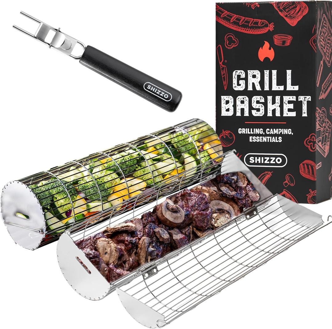 Rolling Grill Basket, New Opening Design, Extra Sturdy Cylinder Grilling Basket, Food Grade Stainless Steel, Large Portable Outdoor Camping accessories BBQ Net Rack, Cooking Griller for Fish, Vegetables, and More - Gifts for Men Dad Husband - Set of 2