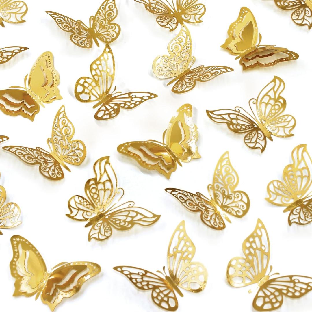 2 x 96 Pcs Butterfly Decorations 3 Sizes 4 Styles 3D Butterfly Wall Decor Party Decorations Butterflies for Crafts Birthday & Wedding Celebrations Cake Decorating Balloons Removable Stickers Gold