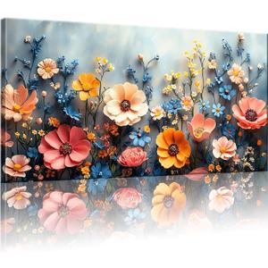 GYJAGHL Floral Canvas Wall Art, Wall Art for Living Room, Farmhouse Decor for Bedroom OfficeLandscape Pictures, Modern Wildflower Garden Print, Pink Orange Blue Flowers, Modern Home Decor Posters 20" x 40"