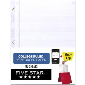 Five Star Loose Leaf Paper + Study App, College Ruled Filler Notebook Paper, Reinforced, Fights Ink Bleed, 8-1/2" x 11", 80 Sheets (170102)