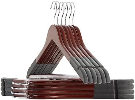 TECHMILLY Solid Natural Wooden Coat Hangers, 10 Pack Heavy Duty Smooth Finish Suit Hangers with Non-Slip Pant Bar, Precisely Cut Notches & Chrome Swivel Hook for Closet, Wardrobe