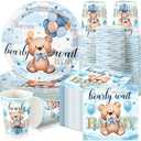 Hushee 200 Pcs Blue Bear Baby Shower Paper Plates Napkins Cups Baby Shower Party Supplies Tableware Set Bear Theme Disposable Cup Napkin for 50 Guest Boy Sets Spring Party Decoration Boy Girl
